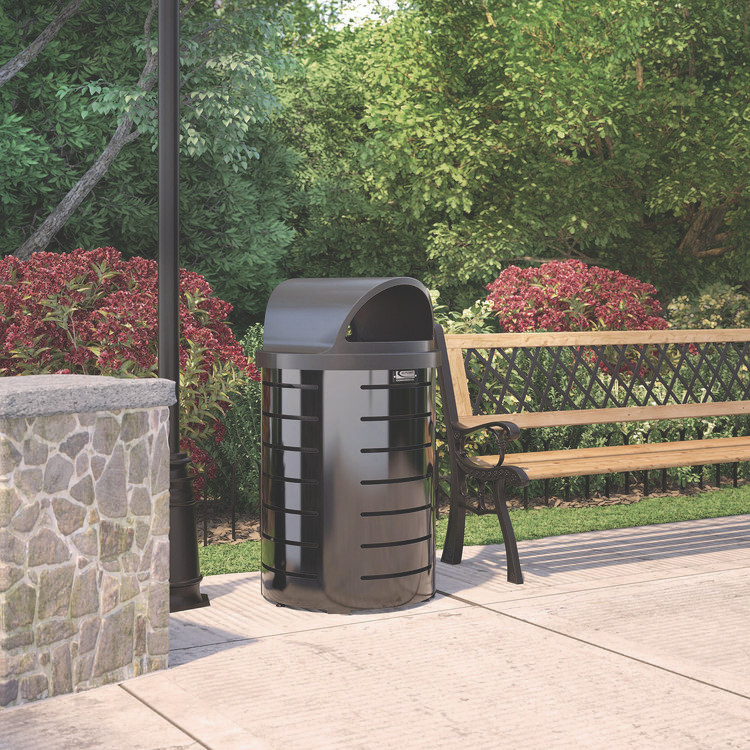 SUNCAST CORPORATION Commercial® MTCRND3501 Outdoor Decorative Metal Trash Can with Roto-Molded Lid, 35.38 gal, Plastic, Black