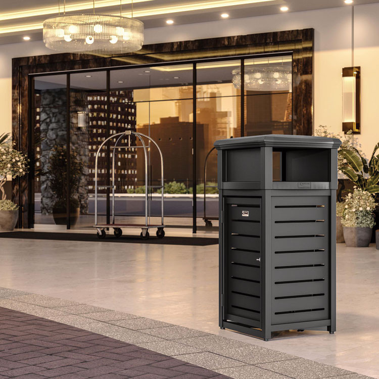 SUNCAST CORPORATION Commercial® MTCSQ300 Outdoor Decorative Metal Square Trash Can with Two-Way Lid, 29 gal, Plastic, Black
