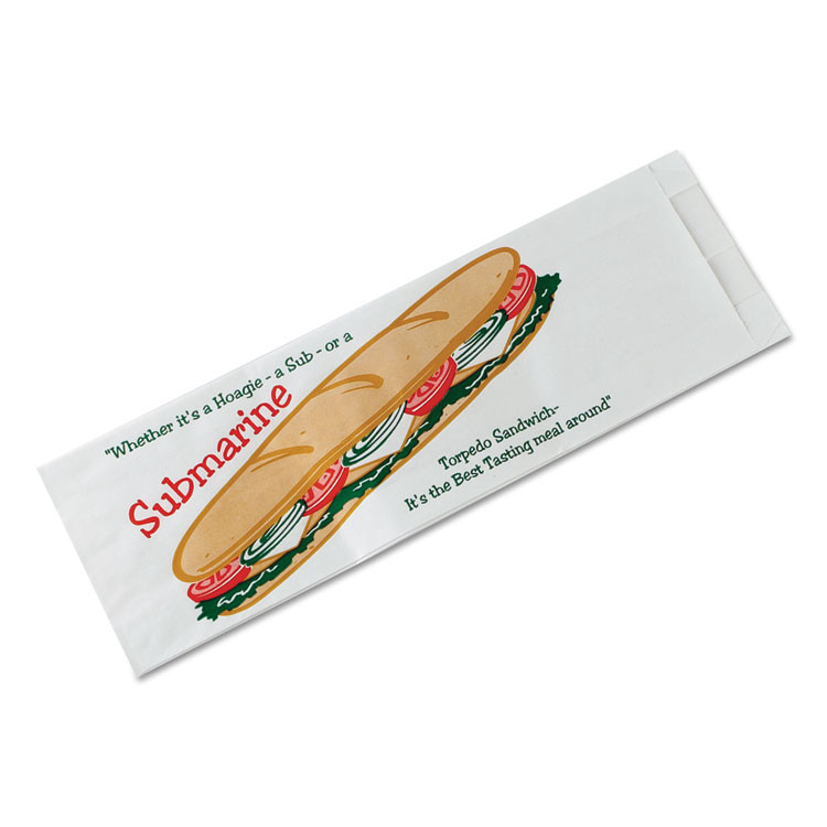 BAGCRAFT 300435 Sub Sandwich Bags, Submarine: Torpedo Sandwich Icon Labeling, 4.5" x 2" x 14", White/Red/Green, 1,000/Carton