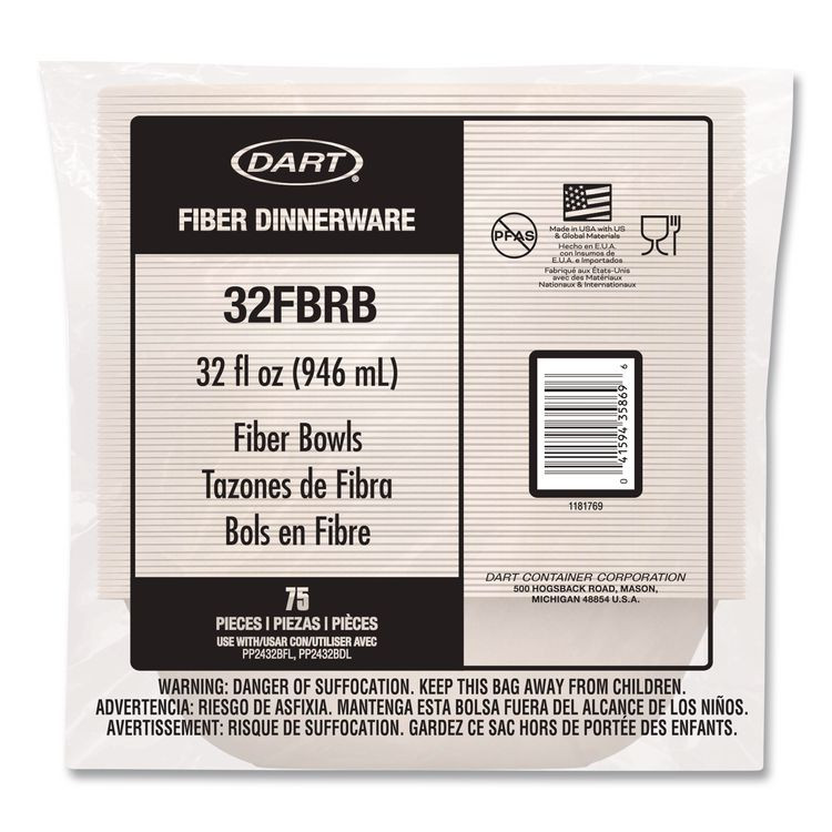 DART 32FBRB Compostable Fiber Containers, ProPlanet Seal, Bowl, 32 oz, Natural, 300/Carton