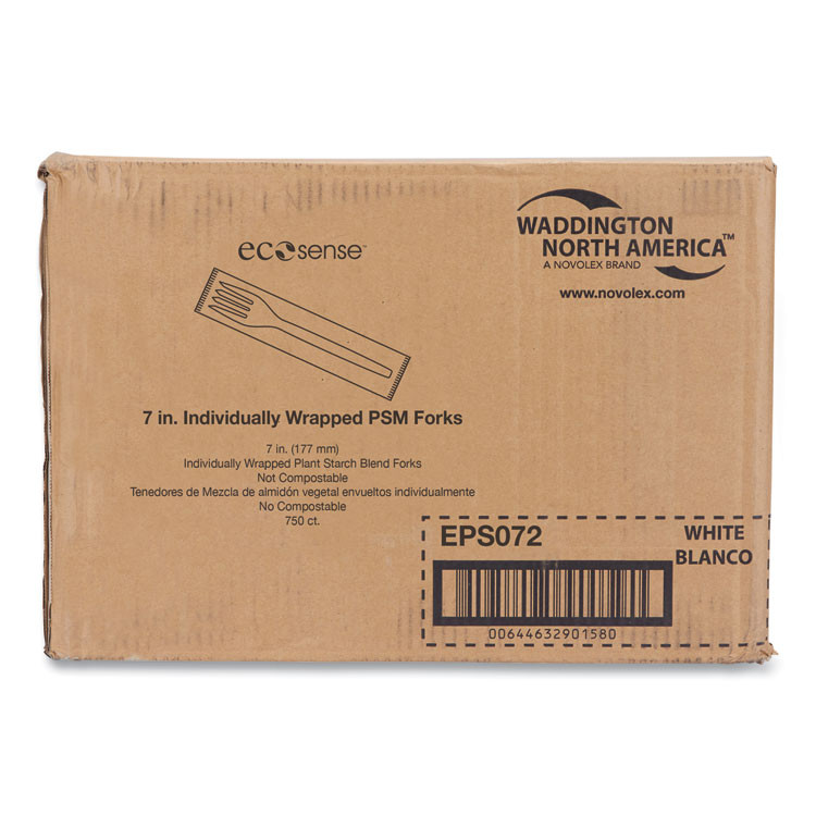 WNA, INC. EPS072 EcoSense Renewable Plant Starch Cutlery, Individually Wrapped, Mediumweight Fork, Plastic, Natural, 750/Carton