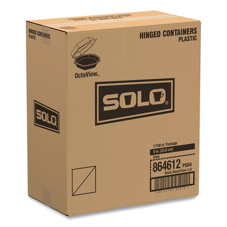 DART SOLO® 864612PS94 OctaView Hinged-Lid Cold Food Containers, 42 oz, 9.57 x 9.2 x 3.2, Black/Clear, Plastic, 100/Carton