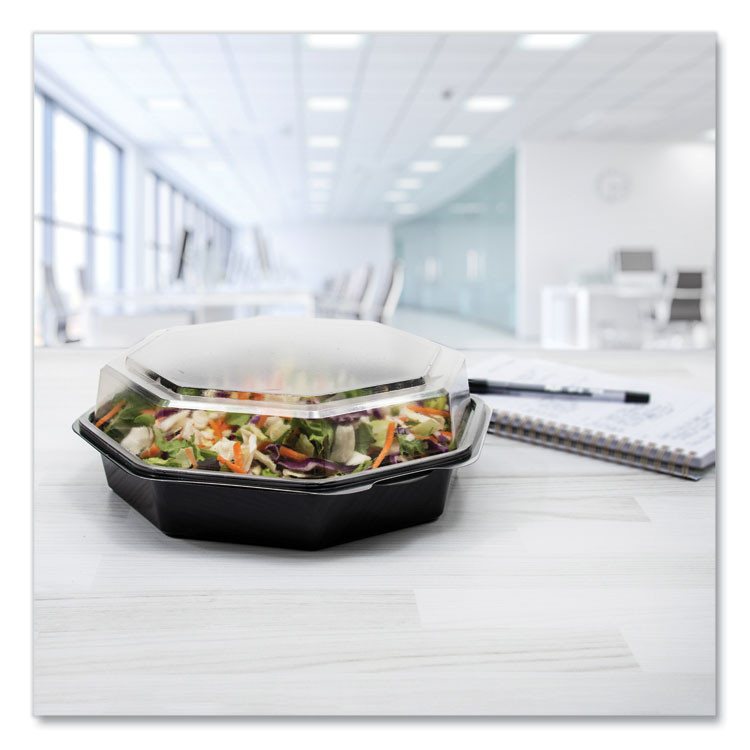 DART SOLO® 864612PS94 OctaView Hinged-Lid Cold Food Containers, 42 oz, 9.57 x 9.2 x 3.2, Black/Clear, Plastic, 100/Carton