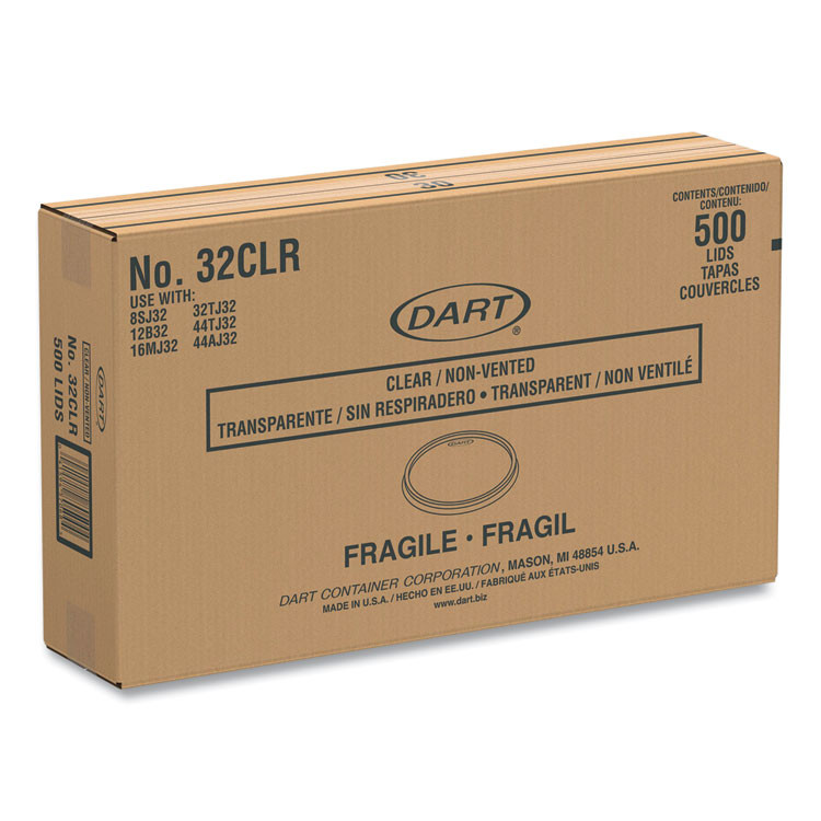 DART SOLO® 32CLR Non-Vented Cup Lids, Fits 32 oz/44 oz Hot Cups, Plastic, Clear, 500/Carton