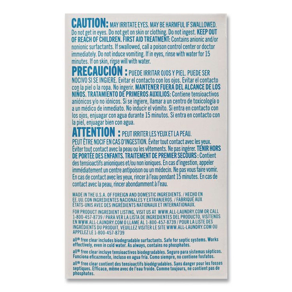 VEND-RITE MANUFACTURING CO all® 2979351 Free Clear HE Liquid Laundry Detergent, Unscented, 1.25 oz Vending Box, 100/Carton