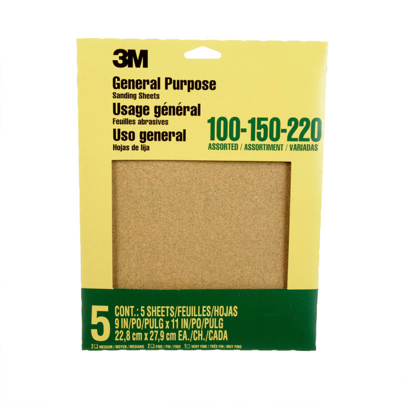 3M COMPANY 3M® General Purpose Sanding Sheets, 100, 150, 200 Grit Assortment, 9" x 11", 5 Sheets