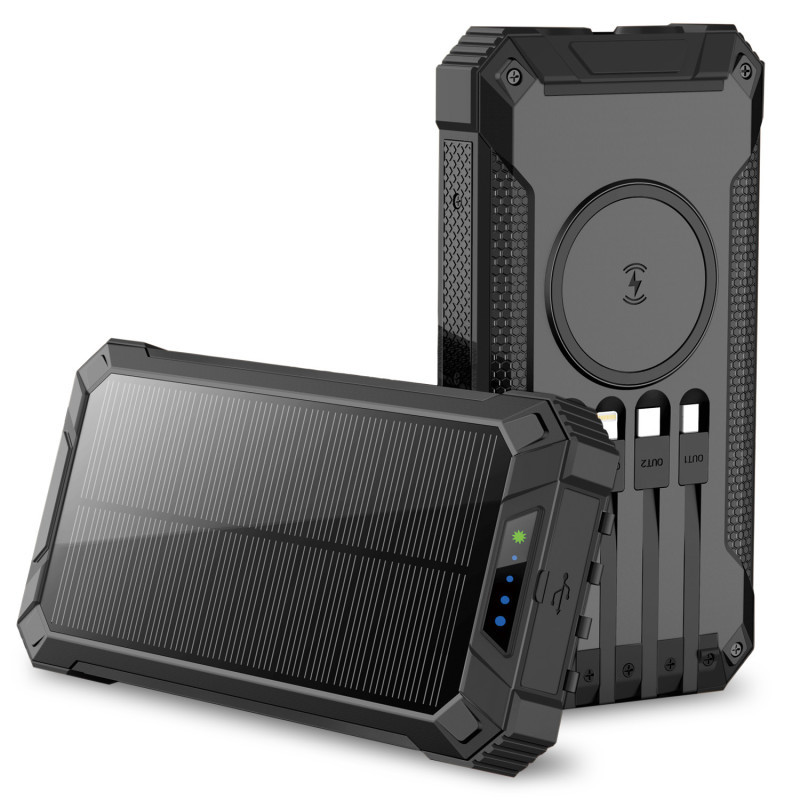 SCTP INC DBA SUNGALE Alpha Digital 20000mAh Solar Power Bank with Wireless Charging and Built-in Cables, Black