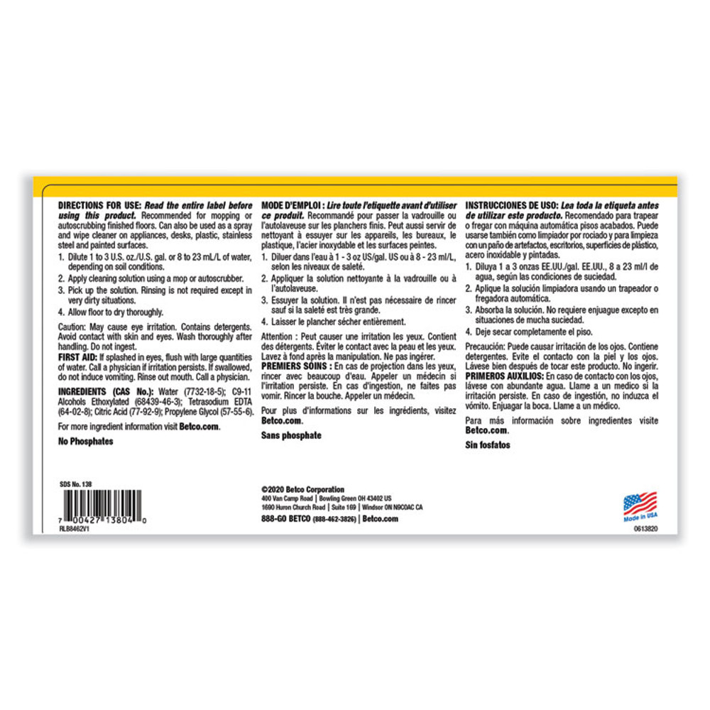 BETCO CORPORATION 1380400 pH7 Floor Cleaner, Lemon Scent, 1 gal Bottle, 4/Carton