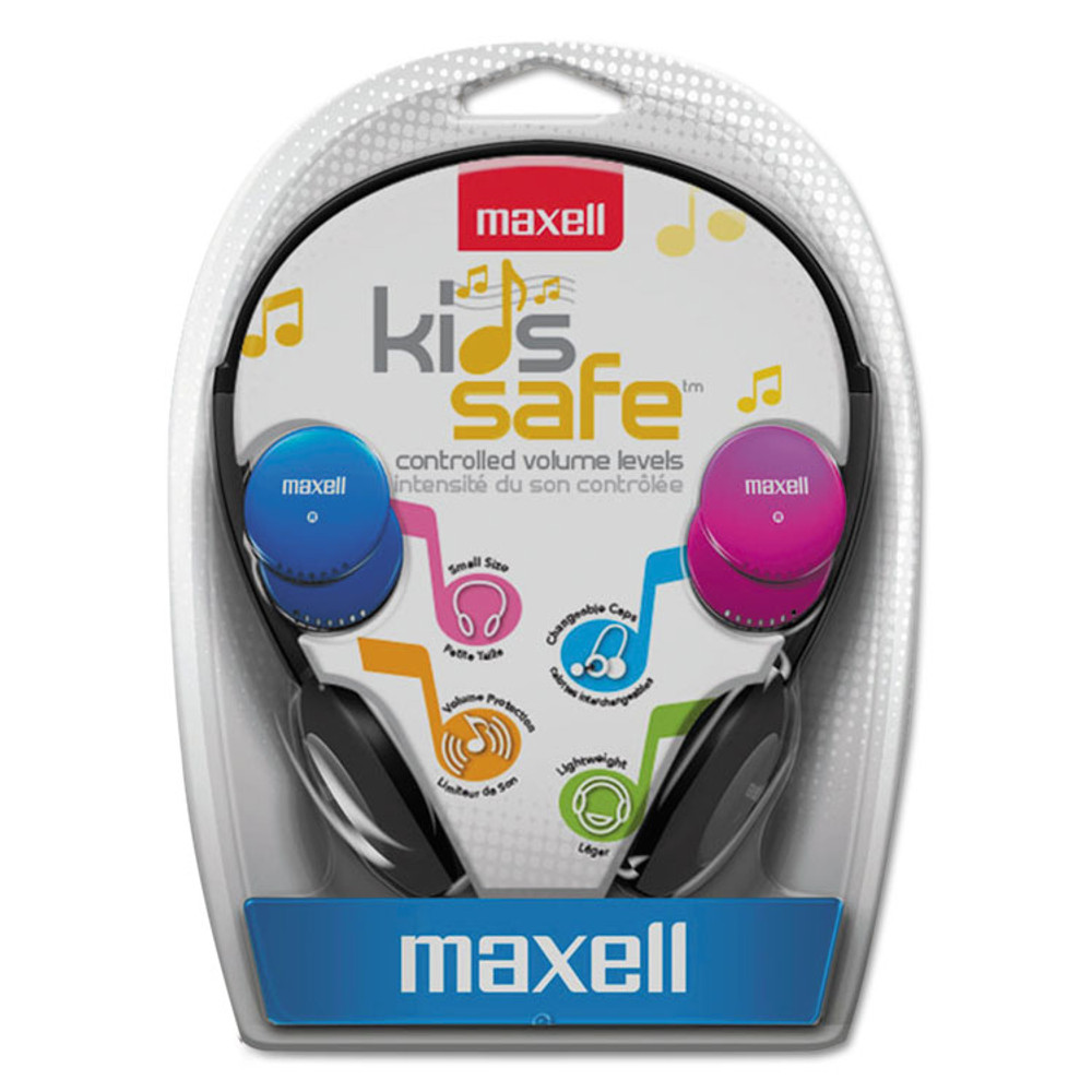 MAXELL CORP. OF AMERICA 190338 Kids Safe Headphones, 4 ft Cord, Black with Interchangeable Pink/Blue/Silver Caps