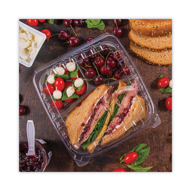DART C95PST3 ClearSeal Hinged-Lid Plastic Containers, 3 Compartments, 9.4 x 8.9 x 3, Plastic, 100/Bag, 2 Bags/Carton