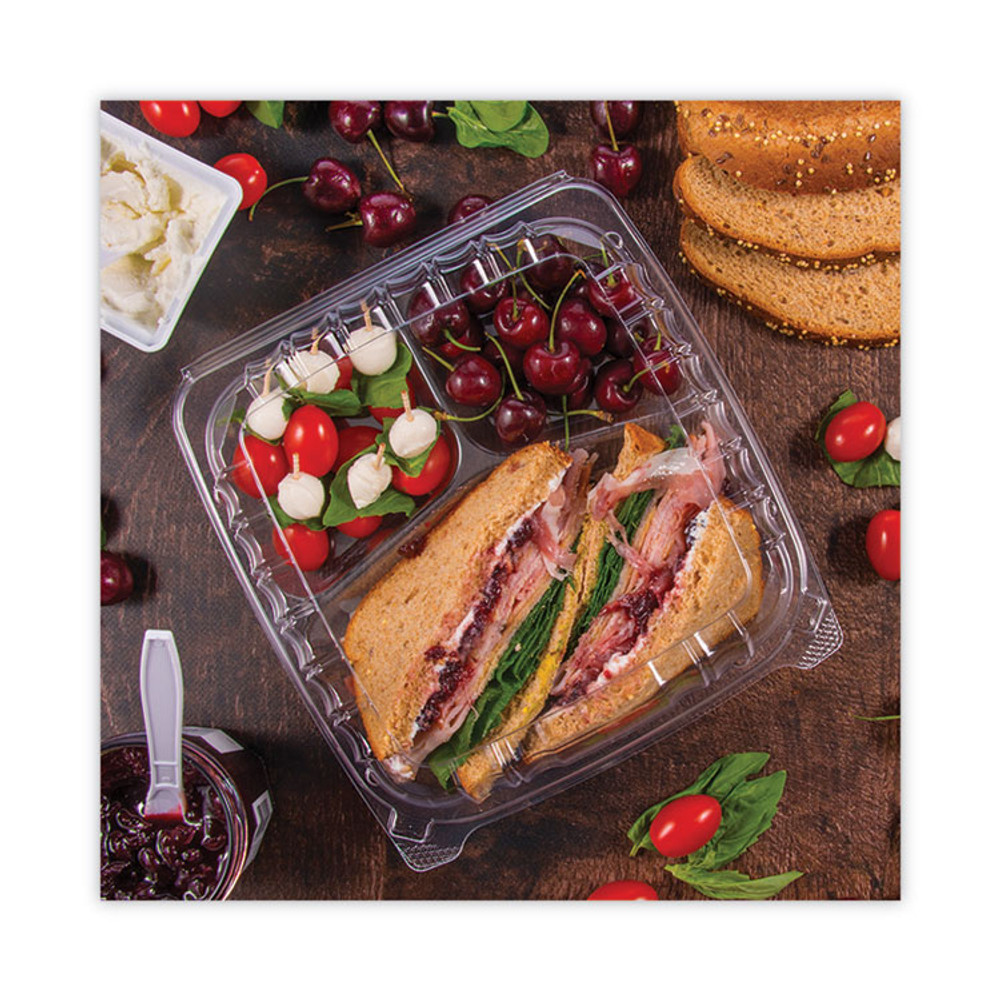 DART C95PST3 ClearSeal Hinged-Lid Plastic Containers, 3 Compartments, 9.4 x 8.9 x 3, Plastic, 100/Bag, 2 Bags/Carton