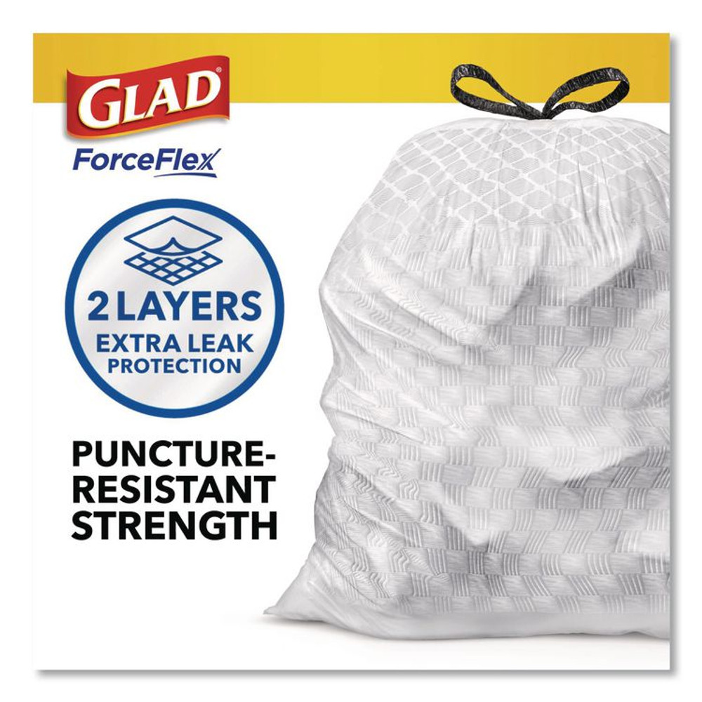 CLOROX SALES CO. Glad® 78564 Tall Kitchen Drawstring Trash Bags with LeakGuard, 13 gal, Unscented, 23.47" x 25.38", White, 120/Box