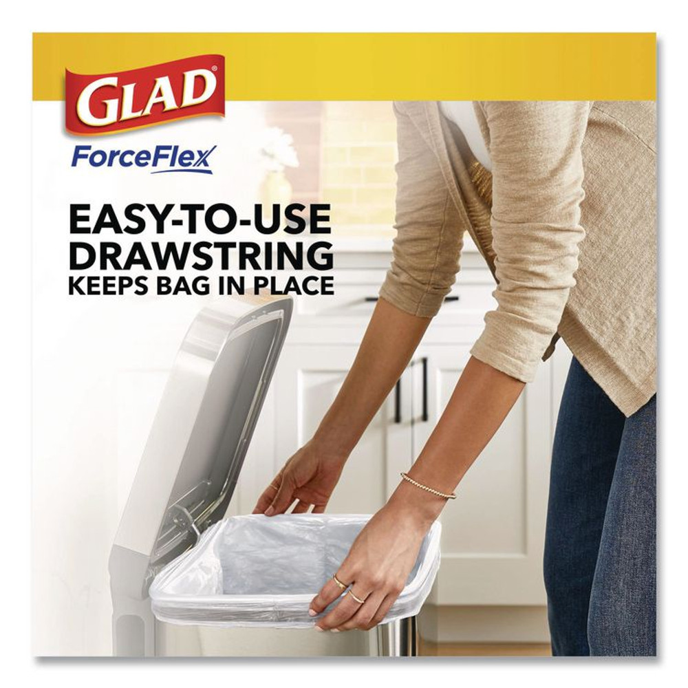 CLOROX SALES CO. Glad® 78564 Tall Kitchen Drawstring Trash Bags with LeakGuard, 13 gal, Unscented, 23.47" x 25.38", White, 120/Box