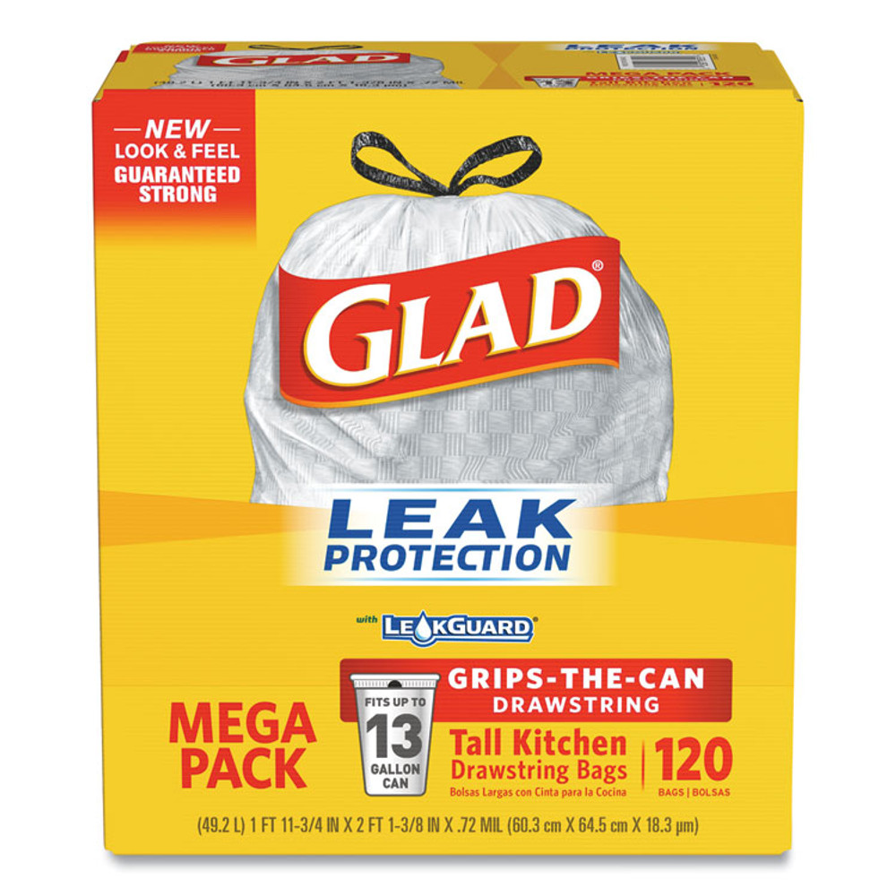 CLOROX SALES CO. Glad® 78564 ForceFlexPlus OdorShield Tall Kitchen Drawstring Trash Bags, 13 gal, 0.72 mil, 23.75" x 25.38", White, 120/Box