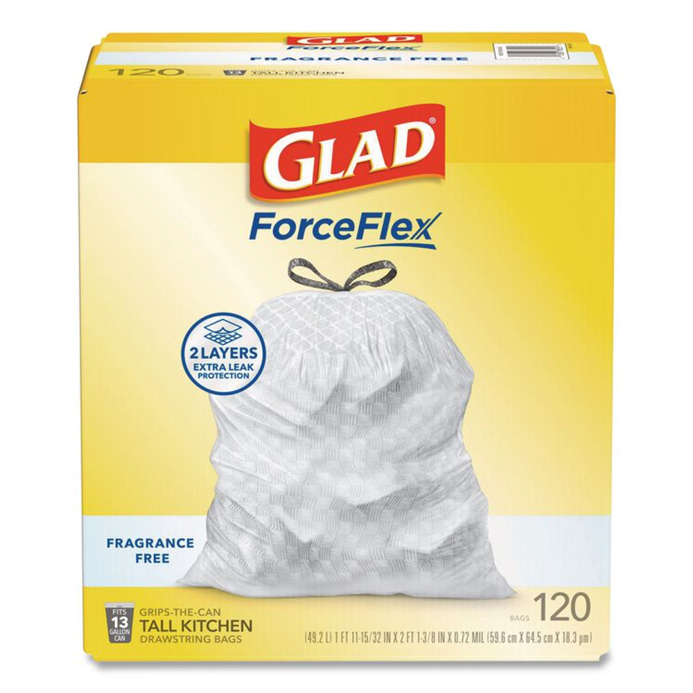 CLOROX SALES CO. Glad® 78564 Tall Kitchen Drawstring Trash Bags with LeakGuard, 13 gal, Unscented, 23.47" x 25.38", White, 120/Box