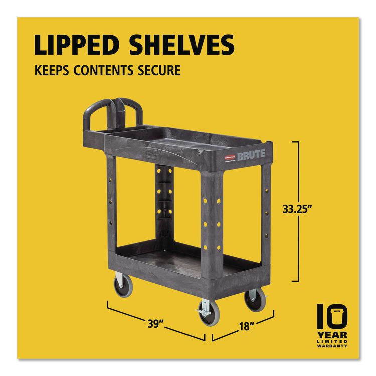 RUBBERMAID COMMERCIAL PROD. 450088BK BRUTE Heavy-Duty Utility Cart with Lipped Shelves, Plastic, 2 Shelves, 500 lb Capacity, 17.13" x 38.5" x 38.88", Black