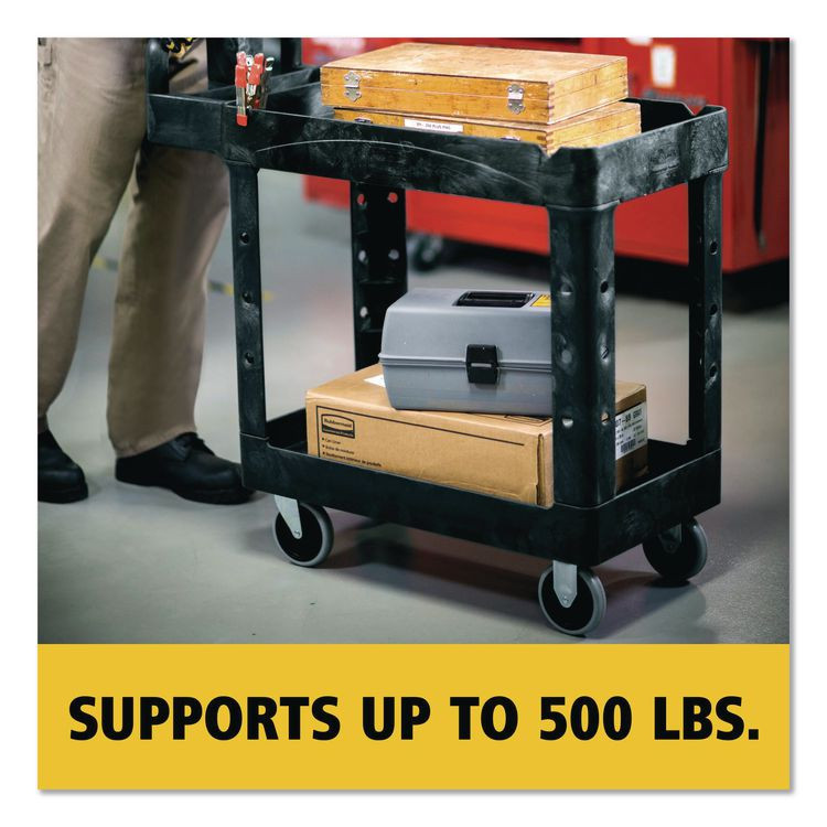 RUBBERMAID COMMERCIAL PROD. 450088BK BRUTE Heavy-Duty Utility Cart with Lipped Shelves, Plastic, 2 Shelves, 500 lb Capacity, 17.13" x 38.5" x 38.88", Black