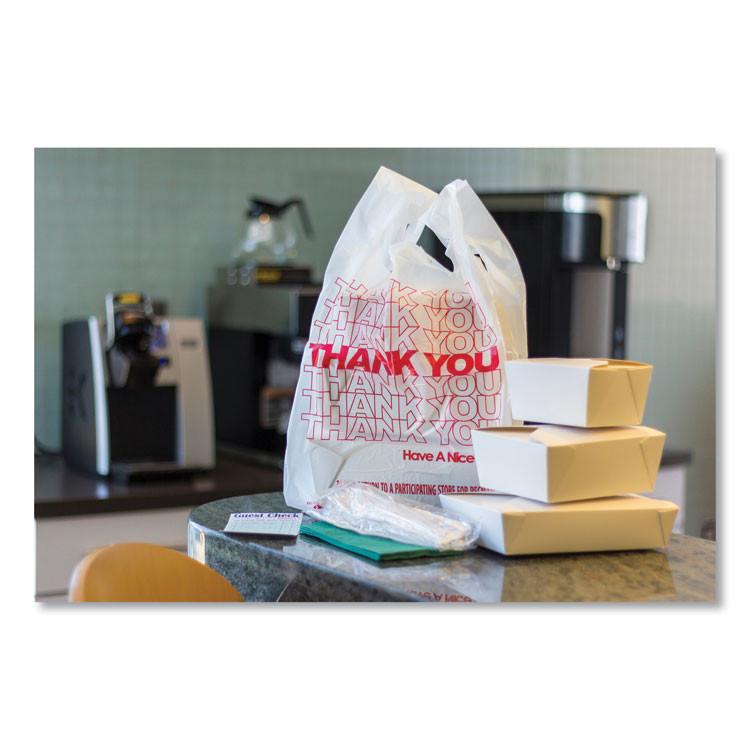 AMERCAREROYAL RPTYB6FS Thank You Bags, Thank You - Have a Nice Day Labeling, Cut-Out Handles, 13" x 8" x 23", White/Red, 1,000/Carton