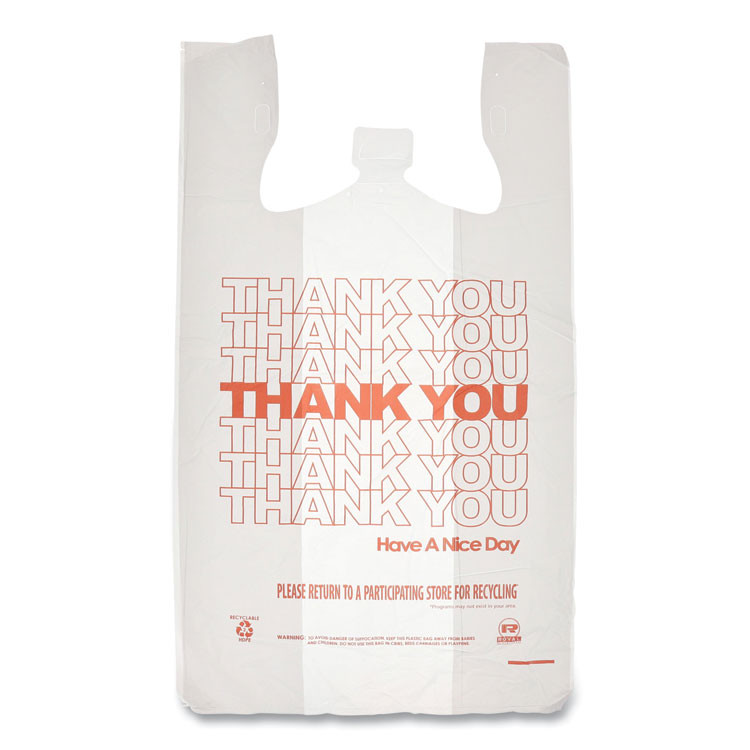 AMERCAREROYAL RPTYB6FS Thank You Bags, Thank You - Have a Nice Day Labeling, Cut-Out Handles, 13" x 8" x 23", White/Red, 1,000/Carton