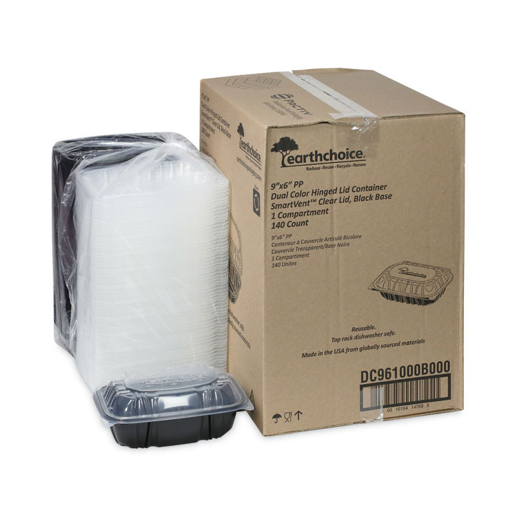 PACTIV EVERGREEN CORPORATION DC961000B000 EarthChoice Vented Dual Color Microwavable Hinged Lid Container, 34 oz, 9 x 6 x 3.1, Black/Clear, Plastic, 140/Carton
