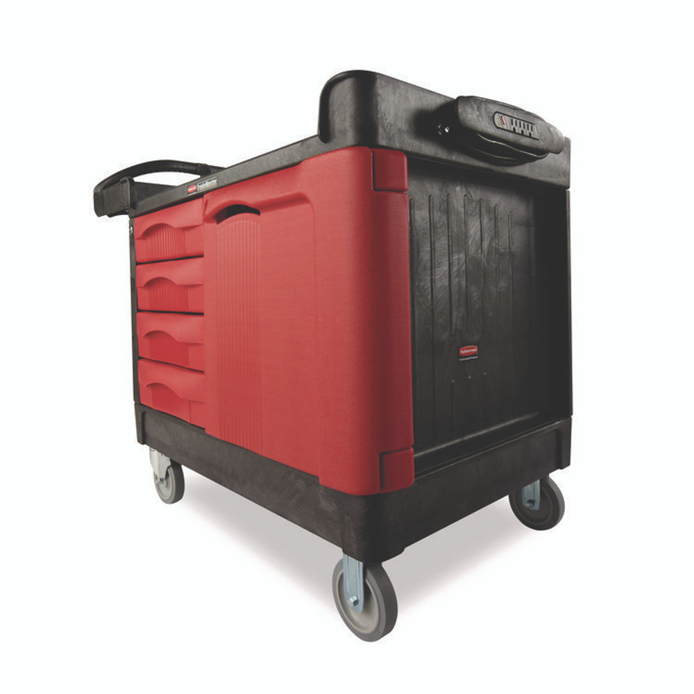 RUBBERMAID COMMERCIAL PROD. 4533-88 BLA TradeMaster Cart with One Door, Plastic, 3 Shelves, 4 Drawers, 750 lb Capacity, 26.25" x 49" x 38", Black