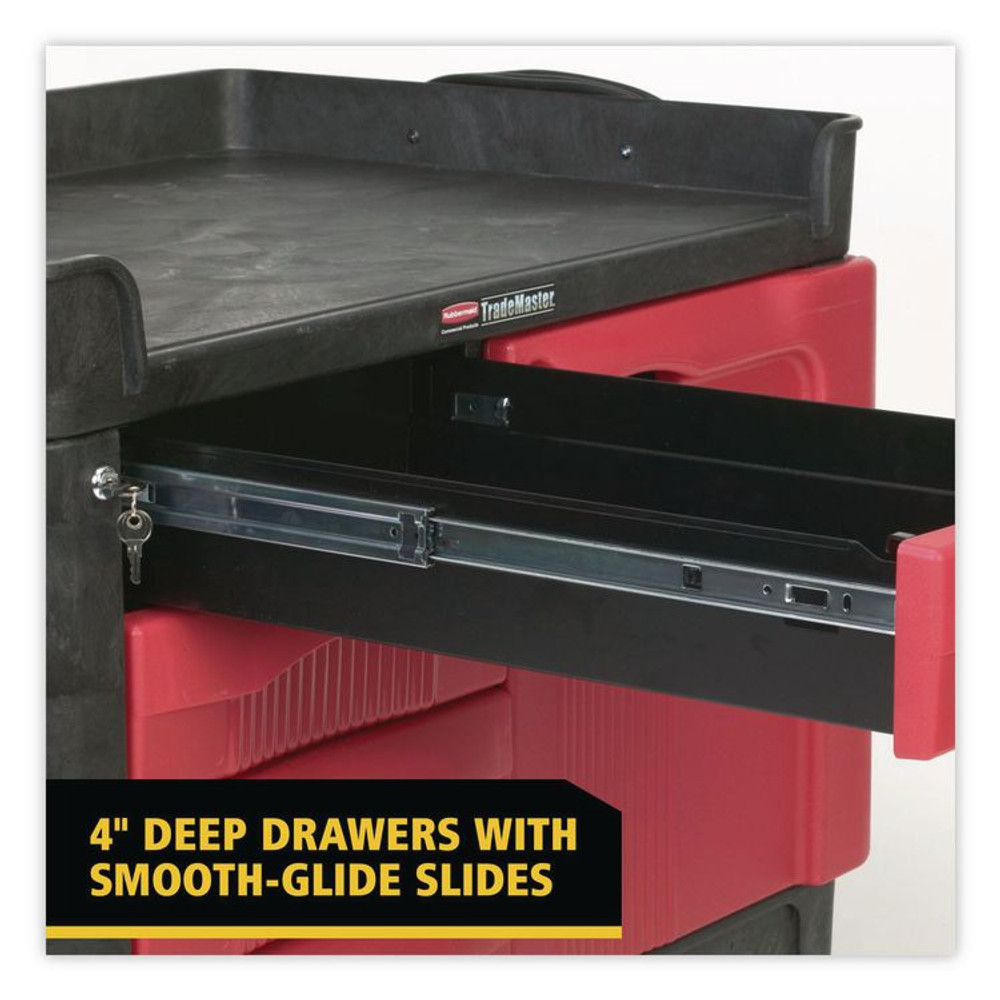 RUBBERMAID COMMERCIAL PROD. 4533-88 BLA TradeMaster Cart with One Door, Plastic, 3 Shelves, 4 Drawers, 750 lb Capacity, 26.25" x 49" x 38", Black