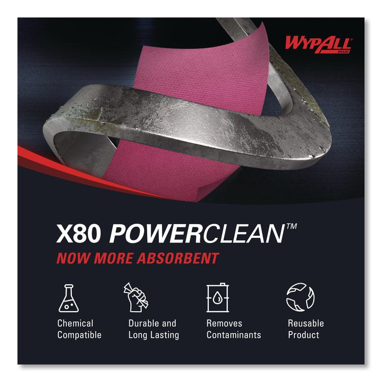 KIMBERLY-CLARK PROFESSIONAL WypAll® 41055 Power Clean X80 Heavy Duty Cloths, Jumbo Roll, Perforated,12.4 x 12.2, Red, 455 Wipers/Roll