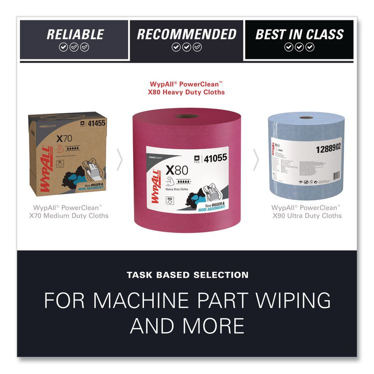 KIMBERLY-CLARK PROFESSIONAL WypAll® 41055 Power Clean X80 Heavy Duty Cloths, Jumbo Roll, Perforated,12.4 x 12.2, Red, 455 Wipers/Roll