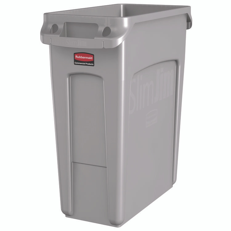 RUBBERMAID COMMERCIAL PROD. 1971258 Slim Jim Waste Container with Handles, 16 gal, Plastic, Light Gray