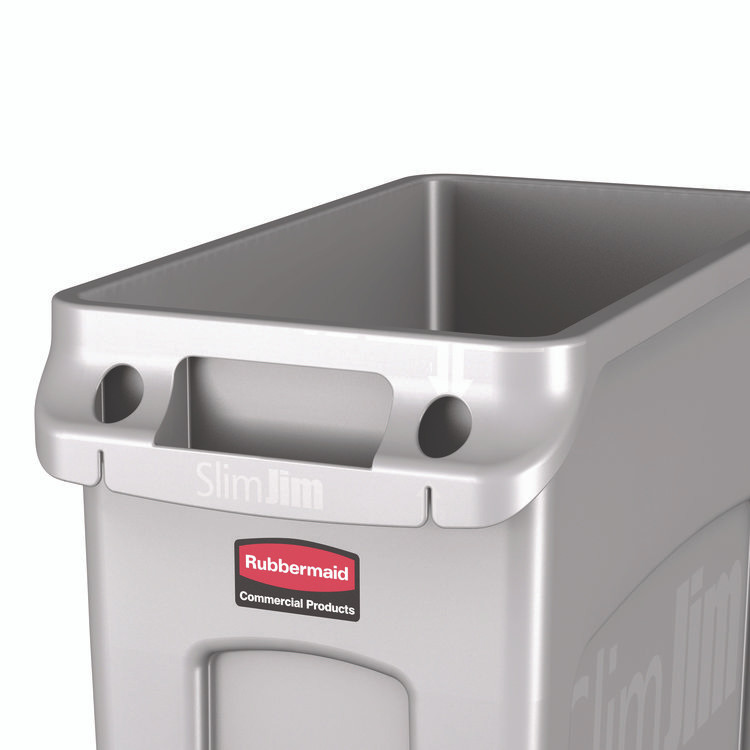RUBBERMAID COMMERCIAL PROD. 1971258 Slim Jim Waste Container with Handles, 16 gal, Plastic, Light Gray