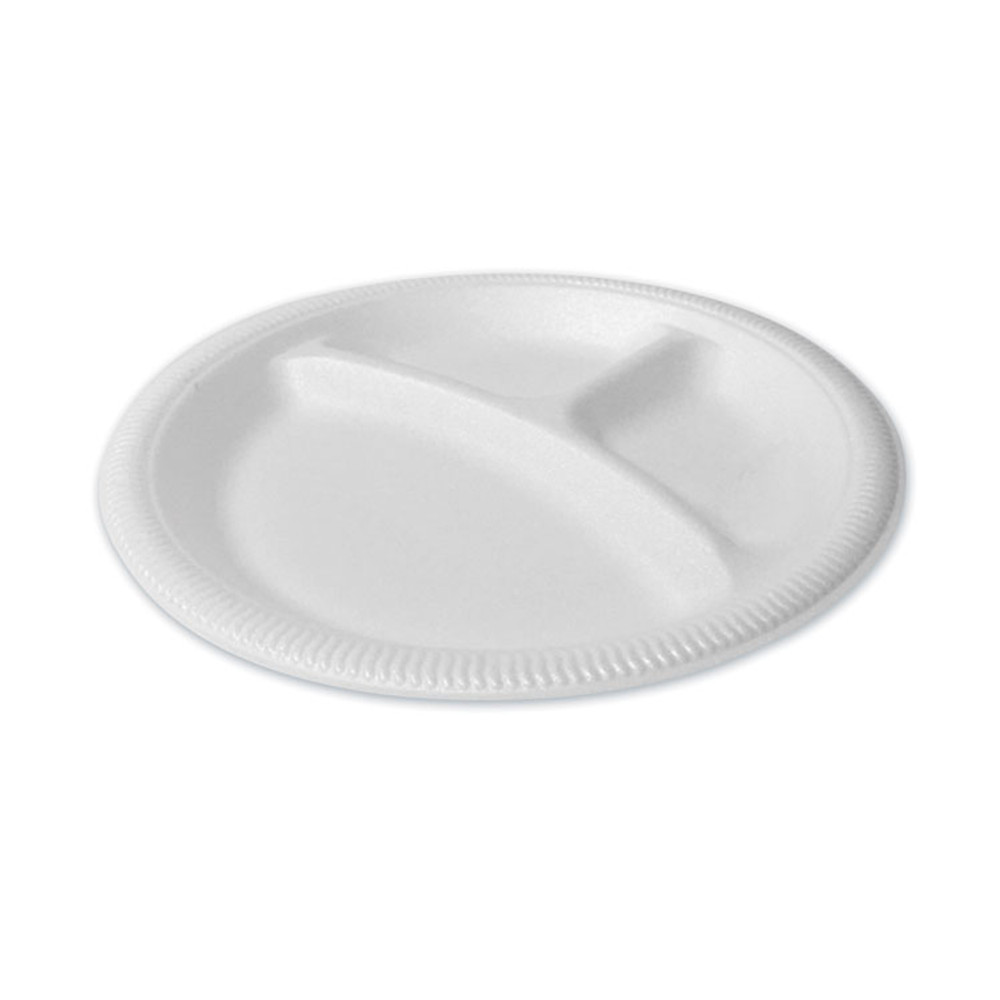 PLASTIFAR SA 12201 Foam Dinnerware, Plate, 3-Compartment, 9" dia, Poly Bag, White, 125/Sleeve, 4 Sleeves/Bag, 1 Bag/Pack
