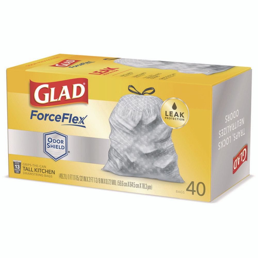 CLOROX SALES CO. Glad® 79008 ForceFlex Kitchen Drawstring Trash Bags, 13 gal, 23.75 x 24.88, White, 240/Carton