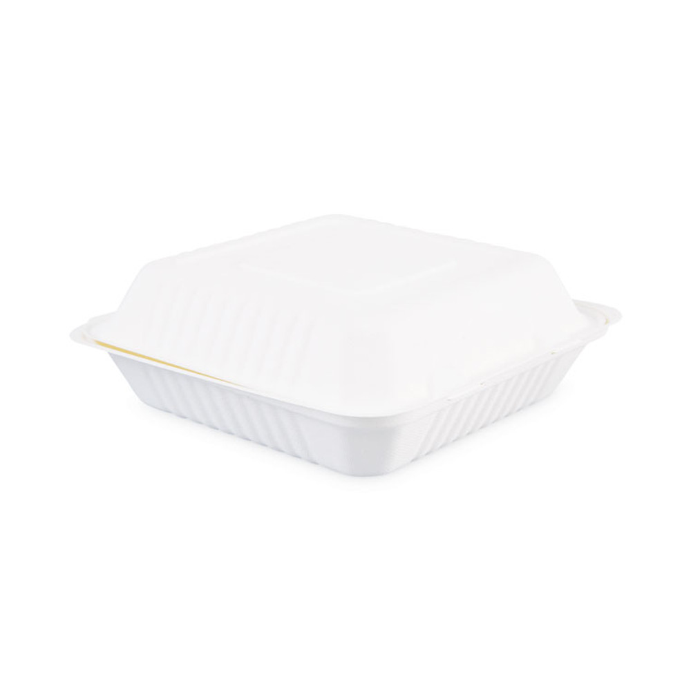 BOARDWALK HINGEWF1CM9 Bagasse Food Containers, Hinged-Lid, 1-Compartment 9 x 9 x 3.19, White, Sugarcane, 100/Sleeve, 2 Sleeves/Carton