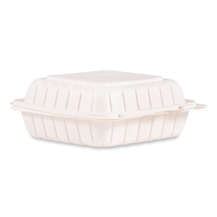 DART 85MFPPHT1R Hinged Lid Containers, 8.25 x 8 x 3, White, Plastic, 150/Carton