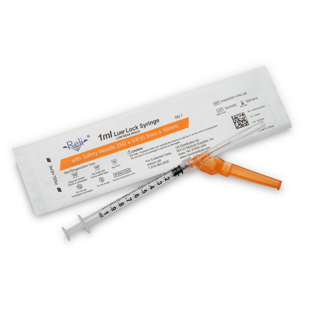 Myco Medical  SHN25G6251-S1ML-LDS Safety Hypodermic Needle with 1mL Syringe, 25G x 5/8", Low Dead Space, 100/bx (US Only)