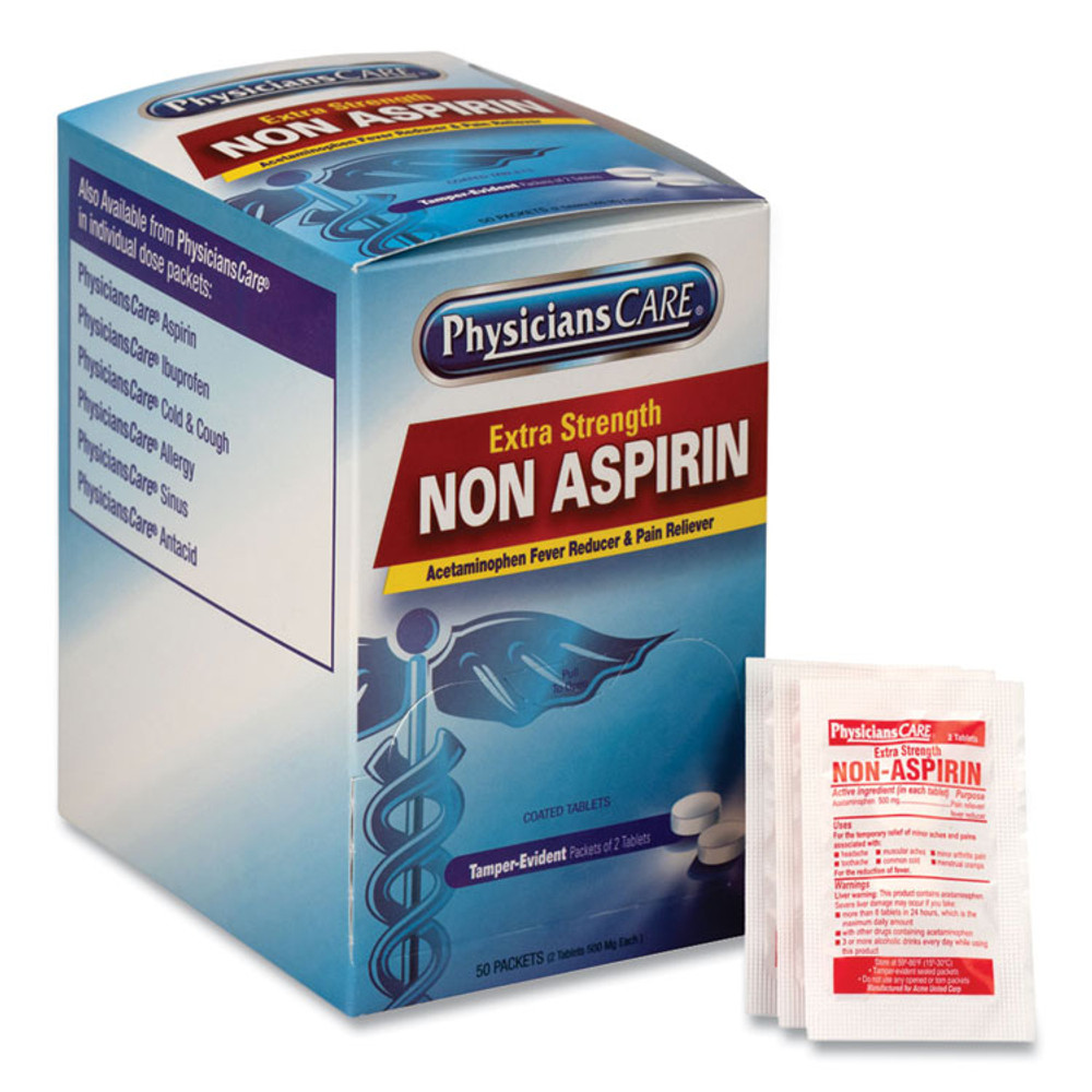 ACME UNITED CORPORATION PhysiciansCare® 90016 Non Aspirin Acetaminophen Medication, Two-Pack, 50 Packs/Box