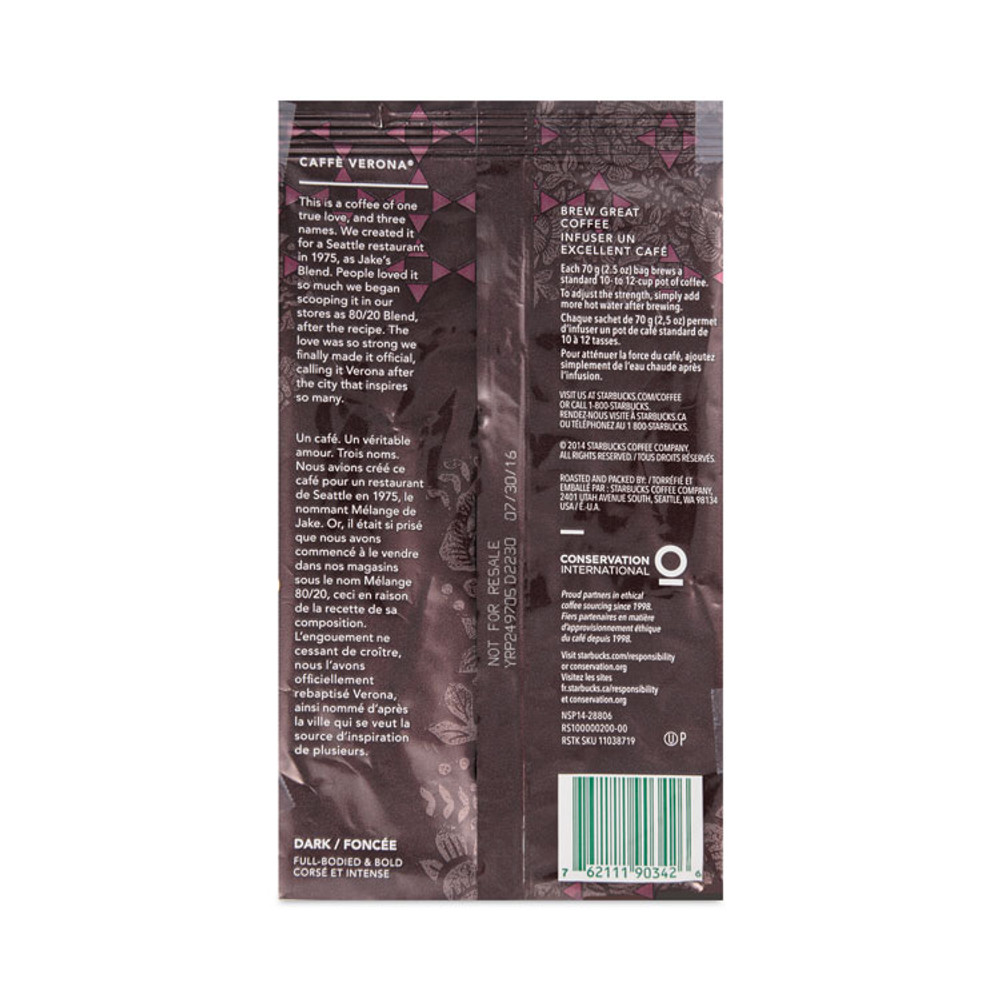 STARBUCKS COFFEE COMPANY 11018192 Coffee, Caffe Verona, 2.5 oz Packet, 18/Box
