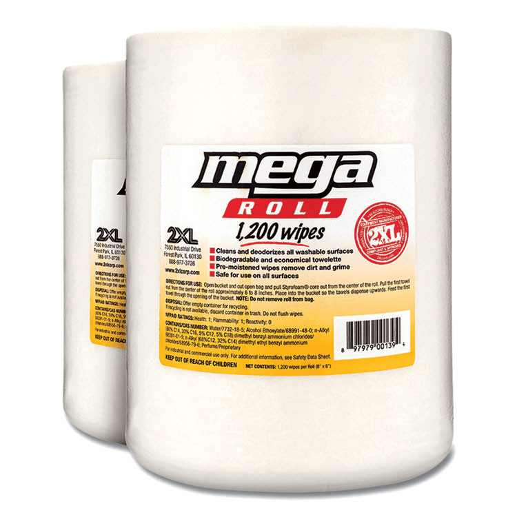 2XL CORPORATION, INC. L420 Gym Wipes Mega Roll Refill, 8 x 8, Unscented, White, 1,200/Roll, 2 Rolls/Carton