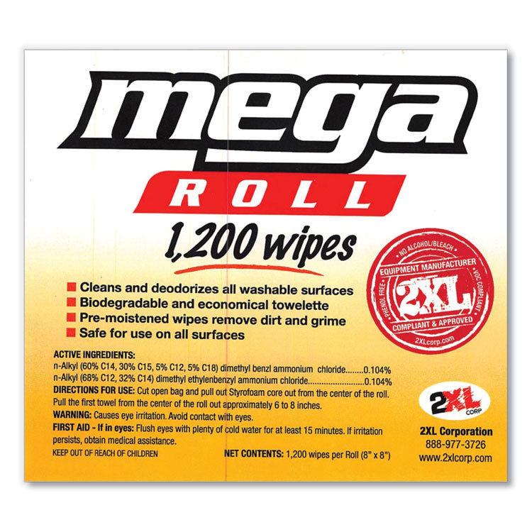 2XL CORPORATION, INC. L420 Gym Wipes Mega Roll Refill, 8 x 8, Unscented, White, 1,200/Roll, 2 Rolls/Carton