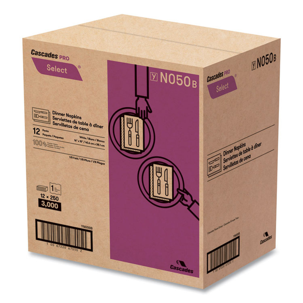 CASCADES TISSUE GROUP PRO N050 Select Dinner Napkins, 1-Ply, 16 x 15, White, 250/Pack, 12/Carton