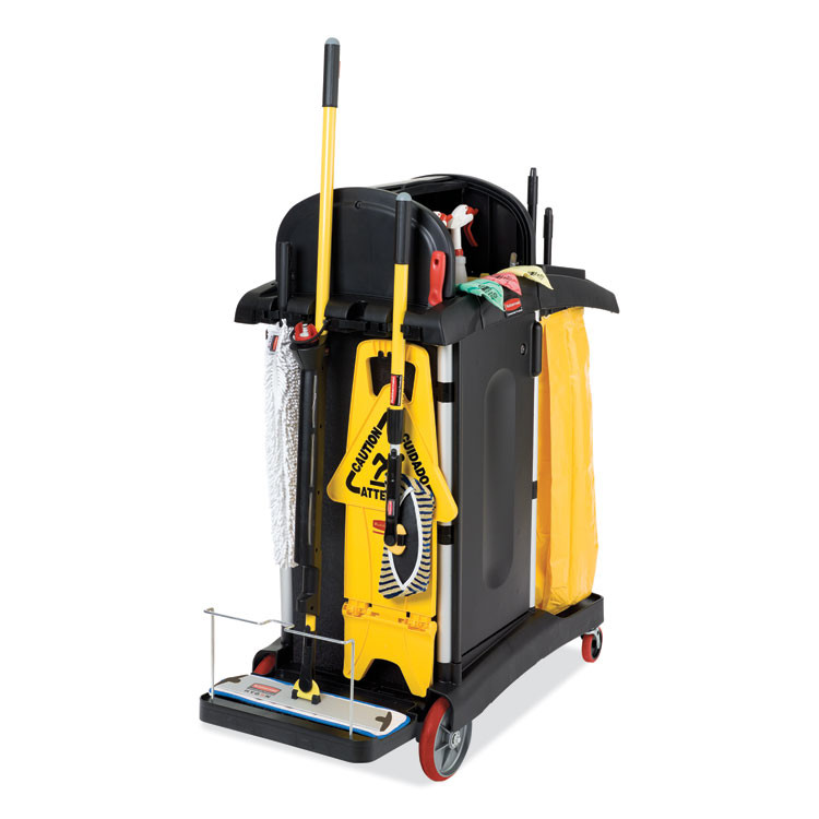 RUBBERMAID COMMERCIAL PROD. 9T7500BK High-Security Healthcare Cleaning Cart, Metal, 4 Shelves, 1 Bin, 22" x 48.25" x 53.5", Black