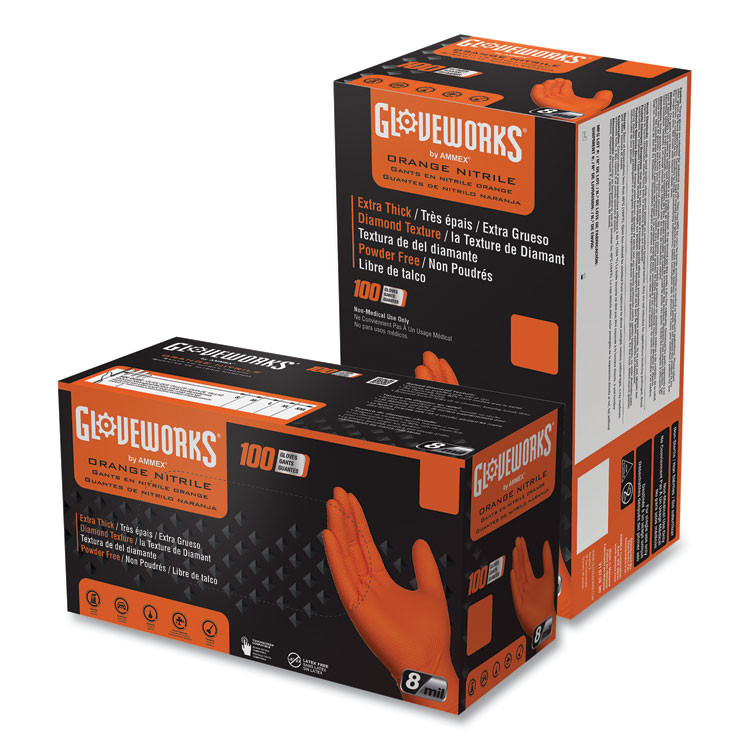 AMMEX CORPORATION GloveWorks® by GWON44100 Heavy-Duty Industrial Nitrile Gloves, Powder-Free, Medium, 8 mil Thick, 9.5" Long, Orange, 100/Box
