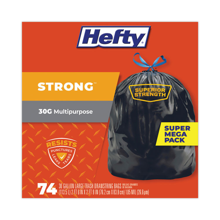 REYNOLDS FOOD PACKAGING Hefty® E85274 Strong Multipurpose Drawstring Trash Bags, 30 gal, 1.1 mil, 30" x 33", Black, 74/Box
