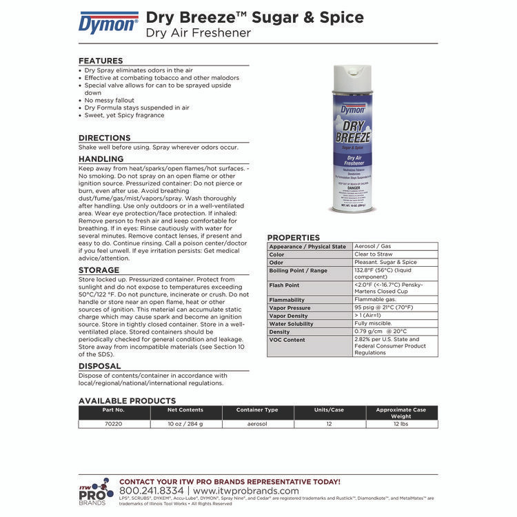 ITW PRO BRANDS Dymon® 70220 Dry Breeze Aerosol Air Freshener, Sugar and Spice, 10 oz Aerosol Spray, 12/Carton