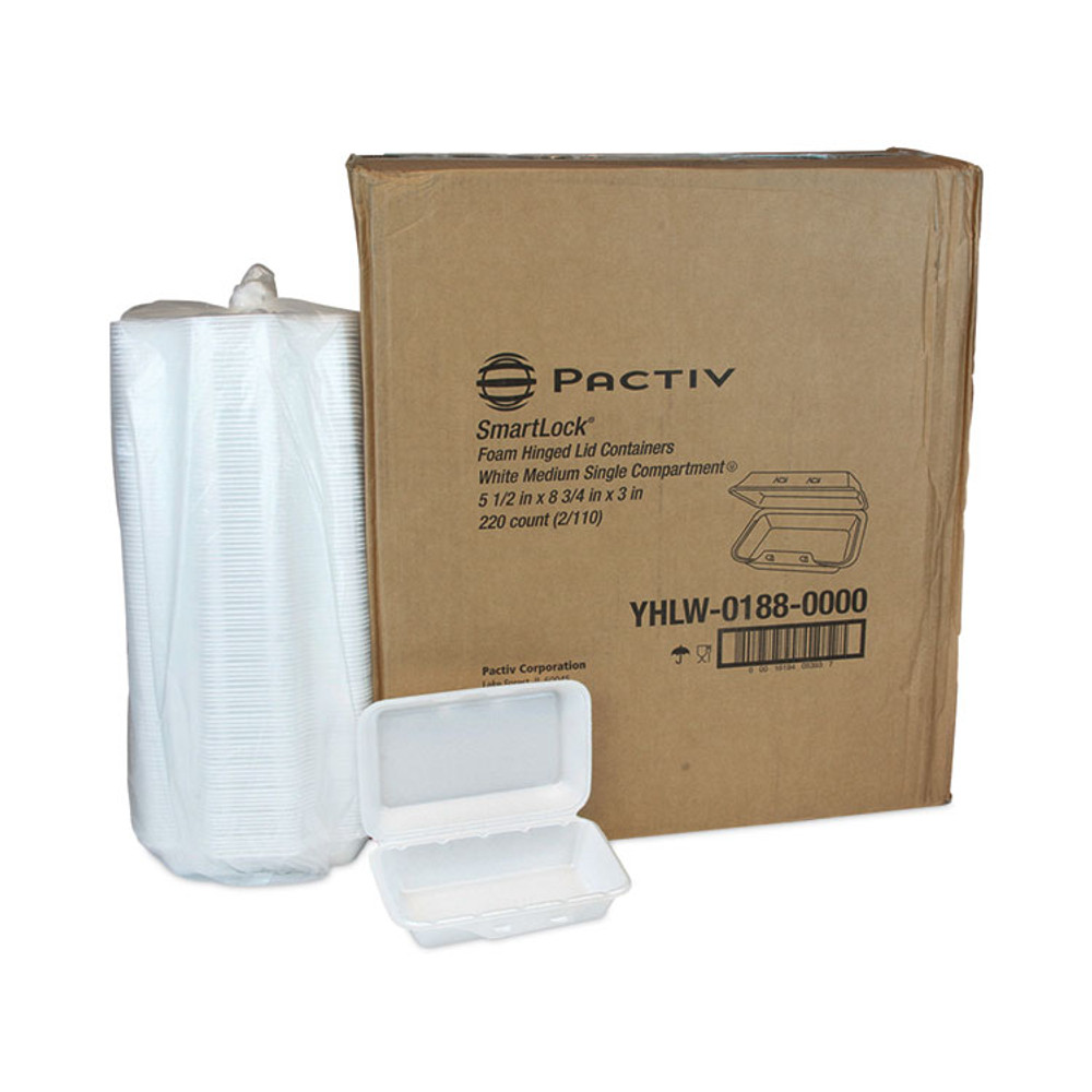 PACTIV EVERGREEN CORPORATION YHLW01880000 SmartLock Foam Hinged Lid Container, Medium, 8.75 x 5.5 x 3, White, 220/Carton