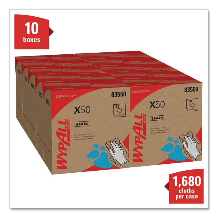 KIMBERLY-CLARK PROFESSIONAL WypAll® 83550 X50 Cloths, POP-UP Box, 12.5 x 9.1, White, 168/Box, 10 Boxes/Carton