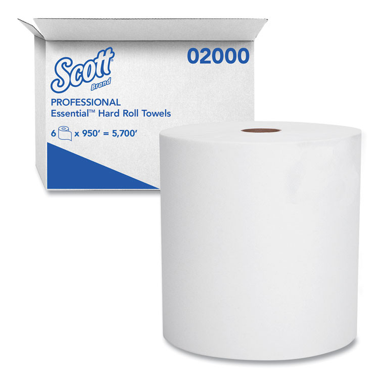 KIMBERLY-CLARK PROFESSIONAL Scott® 02000 Essential High Capacity Hard Roll Towels for Business, Absorbency Pockets, 1-Ply, 8" x 950 ft, 1.75" Core, White, 6 Rolls/CT