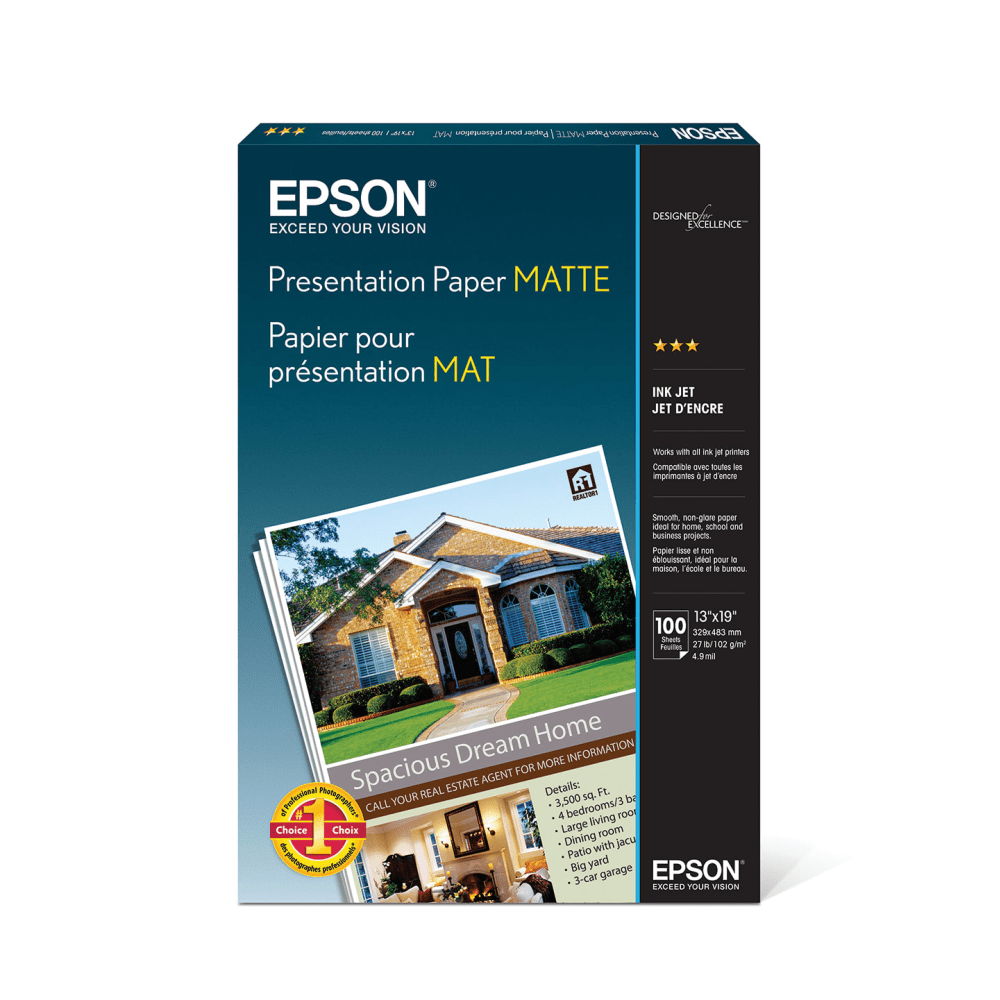 EPSON AMERICA INC. Epson S041069-L  Presentation Paper, Matte White, 13in x 19in, 100 Sheets Per Pack, 27 Lb, 90 Brightness