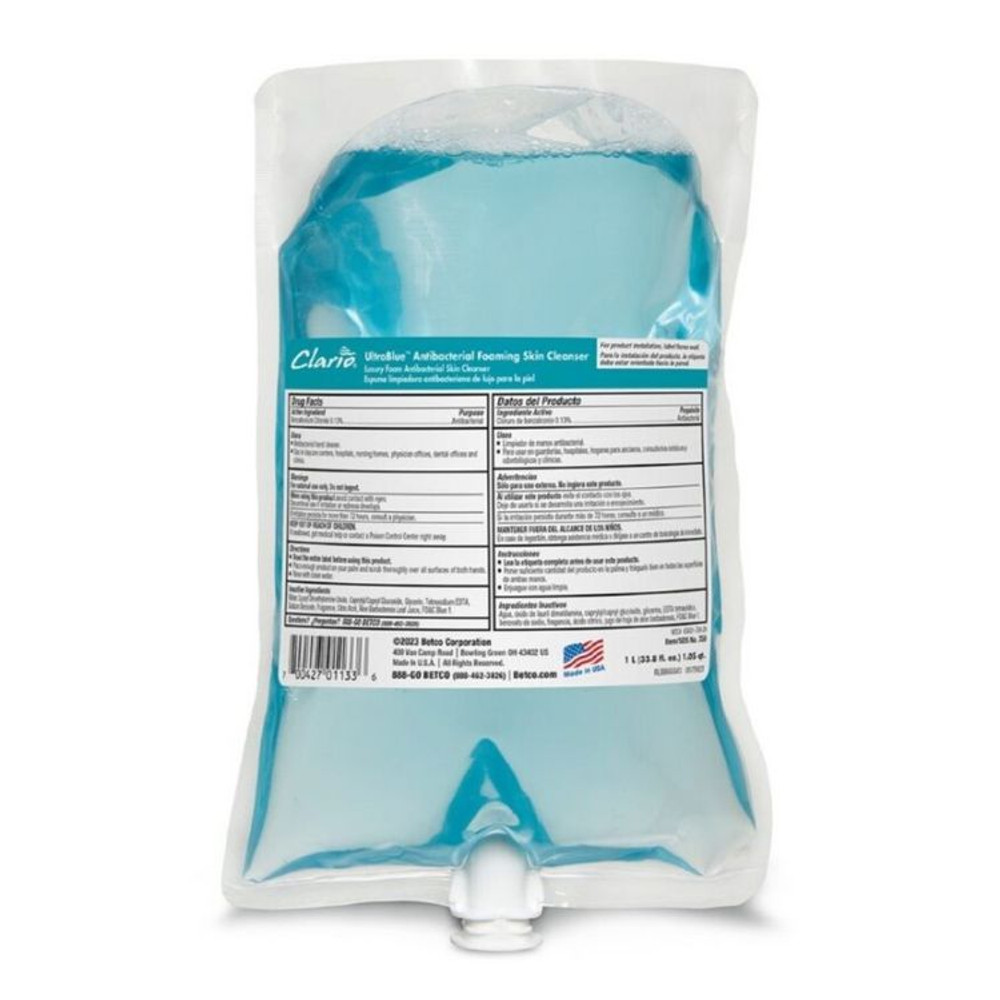 BETCO CORPORATION 7592900 UltraBlue Antibacterial Foaming Skin Cleanser, Fragrance-Free, 1,000 mL Refill Bag, 6/Carton