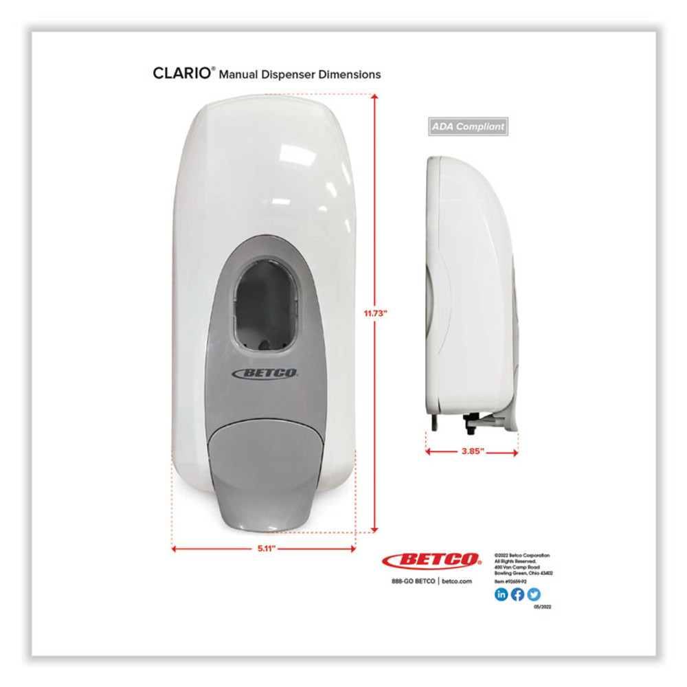 BETCO CORPORATION 9254200 Clario Dispensing System Manual Foam Dispenser, 1,000 mL, 5.11 x 3.85 x 11.73, White, 12/Carton